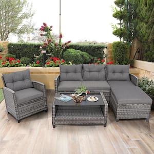 4-Piece Wicker Patio Conversation Furniture Set Outdoor Sectional Sofa Set with Gray Cushion