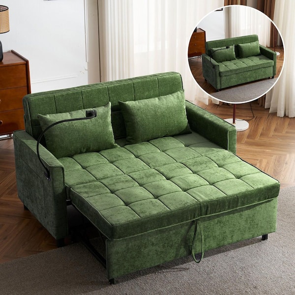 56.9 in. Green Chenille Twin Pull-Out Sofa Bed Convertible Loveseat with Side Pockets, USB Ports, Phone Holder