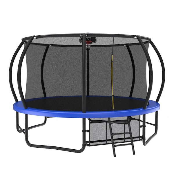 Unbranded 14 ft. Blue Trampoline with Basketball Hoop and Ball Outdoor Recreational Trampolines with Safety Enclosure for Yard