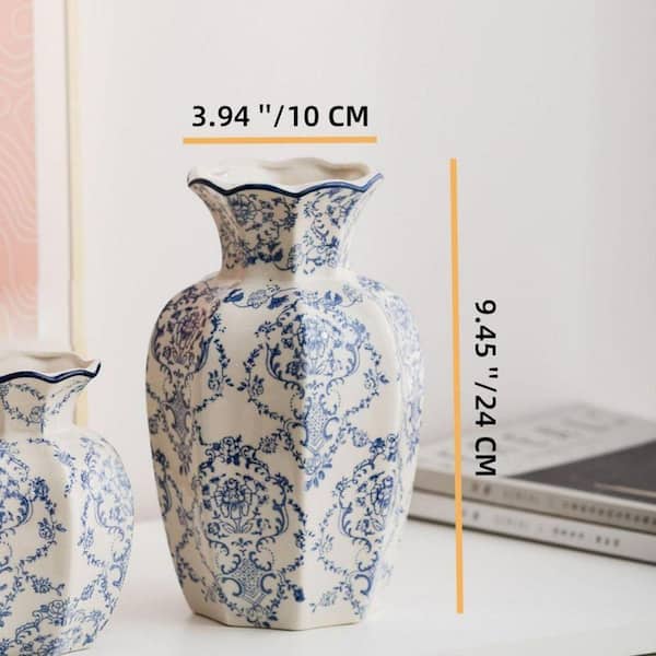9 in. Blue Ceramic Bottle Vintage Blue Ceramic Flower Vessel