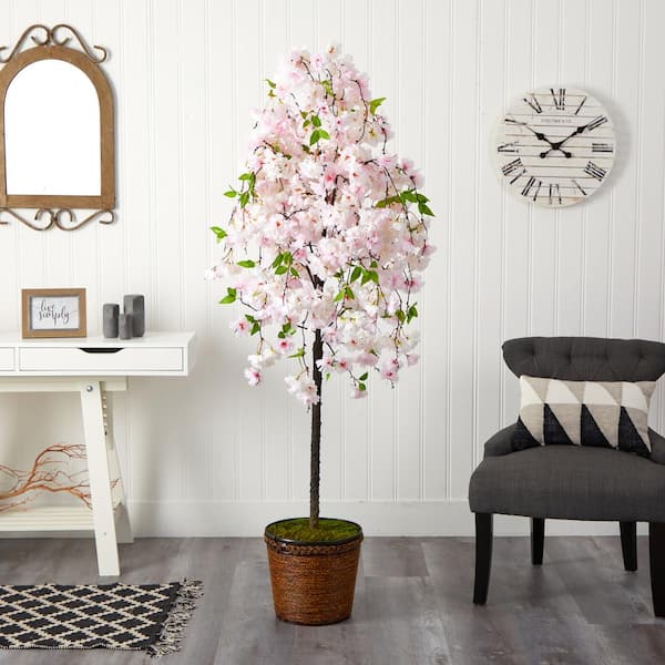 Nearly Natural 70 in. Cherry Blossom Artificial Tree in Wicker Planter