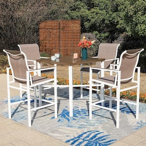 White 5-Piece Metal Outdoor Bar Height Dining Set With Straight-Leg Square Table and Textilene Bar Stools