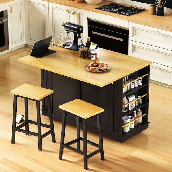 Set of 3 Black MDF Wood 45 in. Kitchen Island Cart with 2 Bar Stools, Drop Leaf, Power Outlet, 5 Wheels, Storage Rack