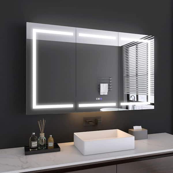 MEDUNJESS 60 in. W x 36 in. H Rectangular Silver Aluminum Recessed/Surface Mount Medicine Cabinet with Mirror and LED