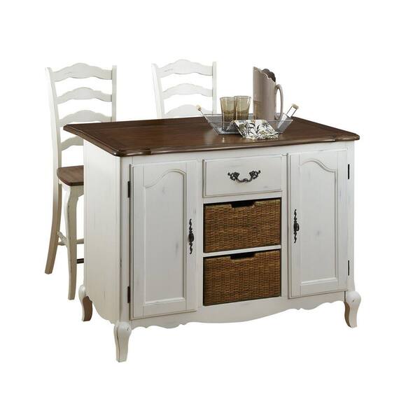 Home Styles French Countryside 48 in. W Drop Leaf Kitchen Island with Two Stools in Oak and Rubbed White