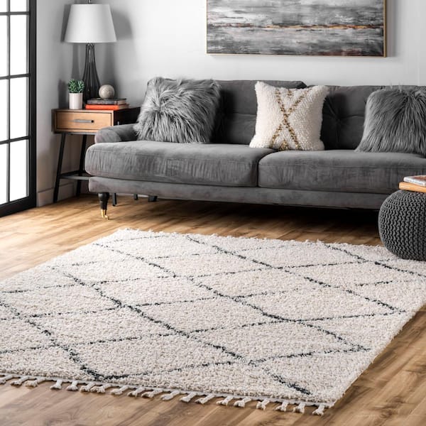 Jessie Moroccan Lattice Shag Off-White 8 ft. Square Rug