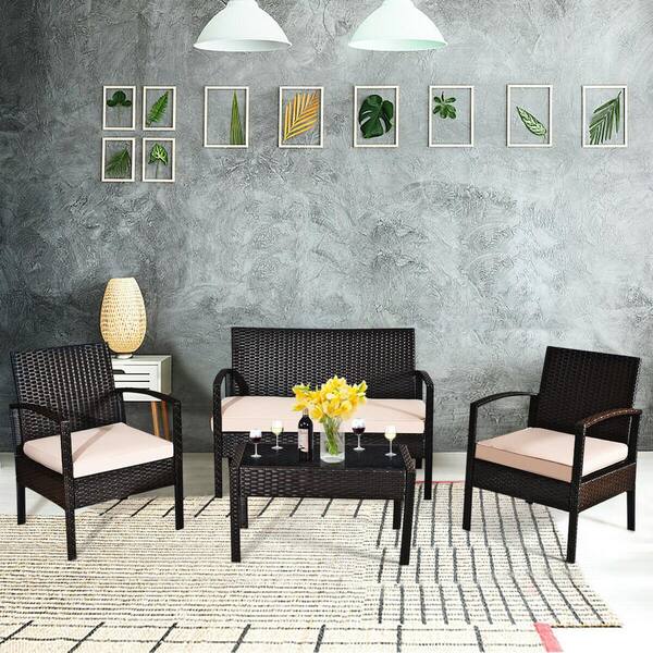 4 Piece Rattan Wicker Patio Conversation Set with White Cushions