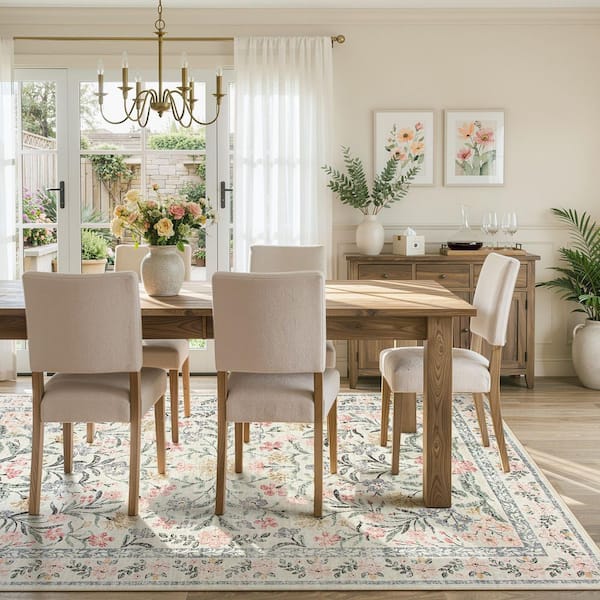 Oriental Floral Beige Soft Non-Slip 9 ft. x 12 ft. Living Room/Bedroom Indoor Area Rug