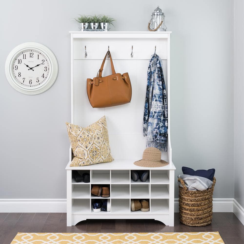 White Wood Hall Tree with Shoe Storage and Bench