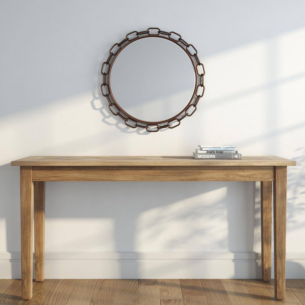 Contemporary 26" Round Bronze Wood Vanity Mirror with Chain Link