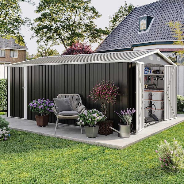 10 ft. x 14 ft. Outdoor Storage Shed with 3 Lockable Doors, Utility Tool Shed Metal Frame and 4 Vents, Dark Grey