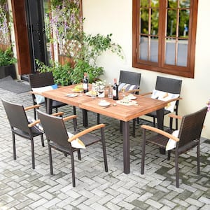 30 in. Brown 7-Pieces Wicker Rectangular Outdoor Dining Set Acacia Wood Table Top Stackable Chairs