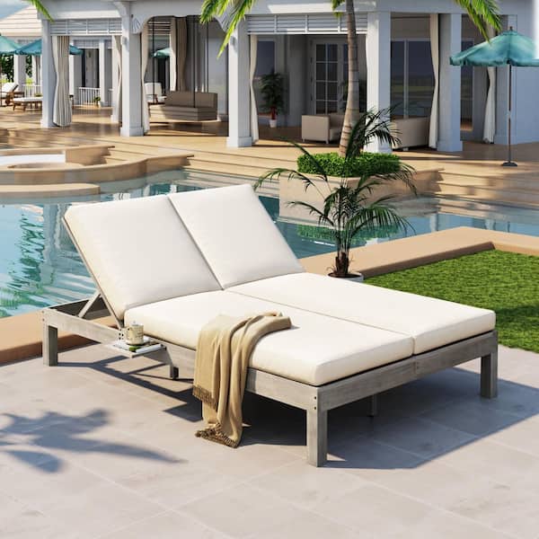 Gray Wood Outdoor Double Chaise Lounge with Beige Cushion, 5 Position Adjustable Backrest, 2 Folding Side Trays