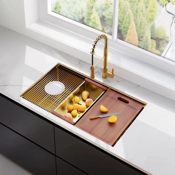 32 in. x 19 in. Undermount Single Bowl 16 Gauge Gold Stainless Steel Kitchen Sink with Bottom Grids