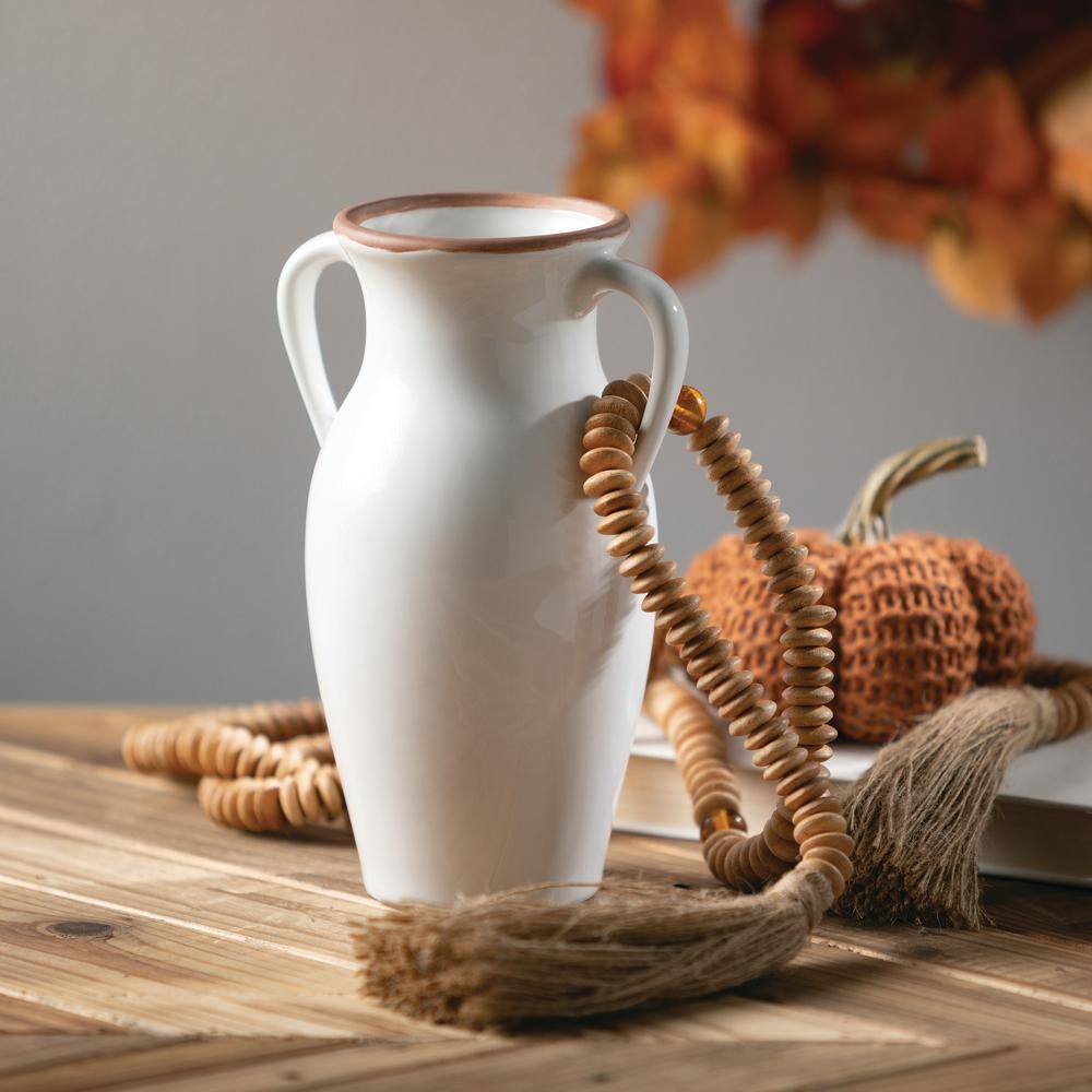 Sleek White Ceramic Vase with Natural Rim and Handles 11"x6"