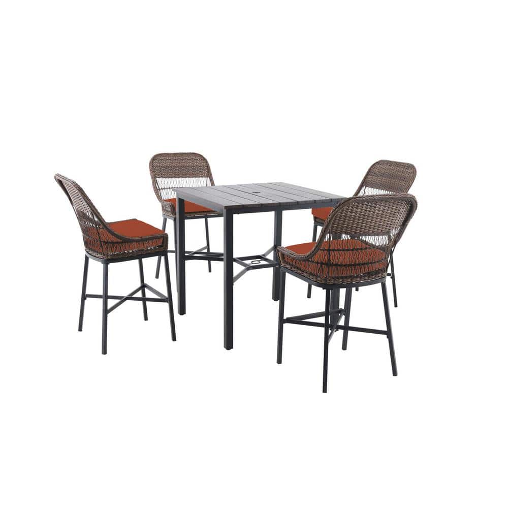 Hampton Bay Beacon Park 5-Piece Brown Wicker Outdoor Patio High Dining Set with CushionGuard Quarry Red Cushions -  H013-01399700