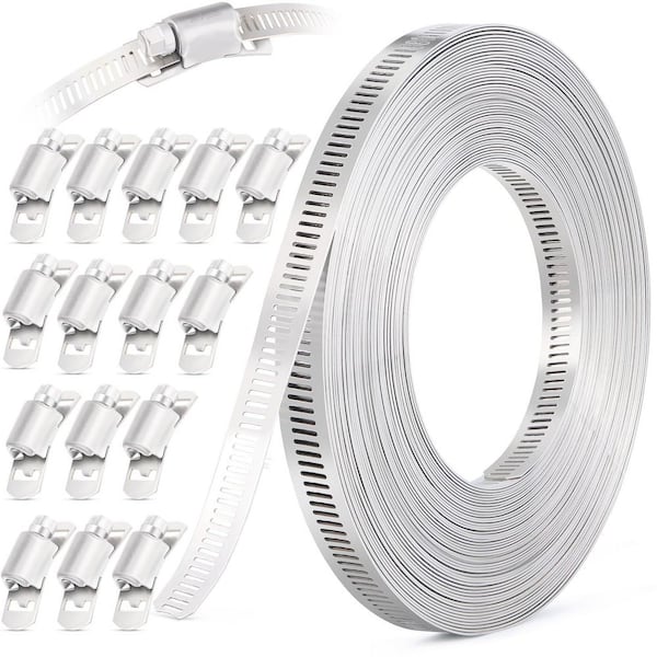 30 ft. Stainless Steel Hose Clamp Assortment Kit with Holes and 15 Fasteners, Adjustable Hose Clamps for Pipe Duct Tube