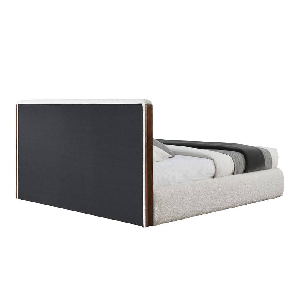 Sandro Queen Bed with White Boucle Upholstery and Walnut Frame