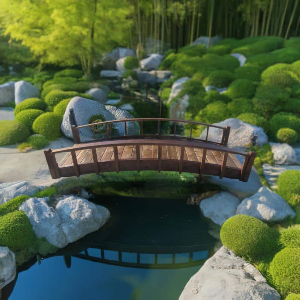 8 ft. Japanese Treated Wood Garden Moon Bridge with Arched Railings