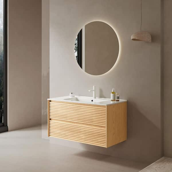 Liory 35.83 in. Single Sink Floating Light Oak Bath Vanity with White Ceramic Top Pre-assembled