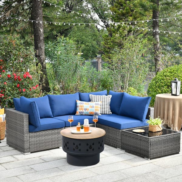 Toject Sanibel Gray 6-Piece Wicker Outdoor Patio Conversation Sofa Set with a Wood-Burning Fire Pit and Navy Blue Cushions
