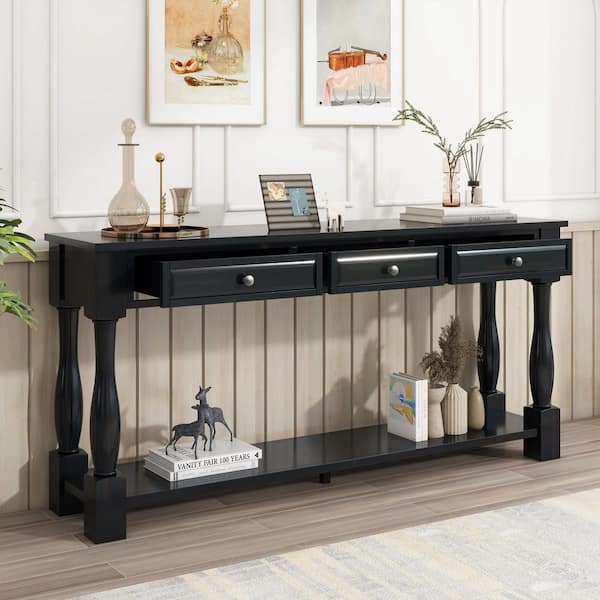 65 in. Espresso Standard Rectangle Wood Console Table with Drawers