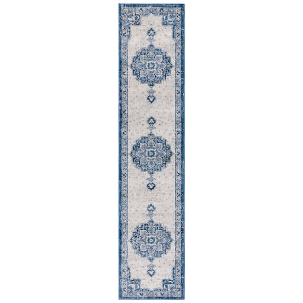 Brentwood 2 ft. x 9 ft. Blue/Ivory Ornate Medallion Runner Rug
