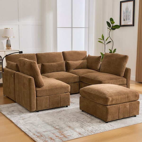 Orva 85.40 in Chenille Upholstered Modular Sectional Sofa in Brown, Movable Ottoman, USB Ports, Phone Holder