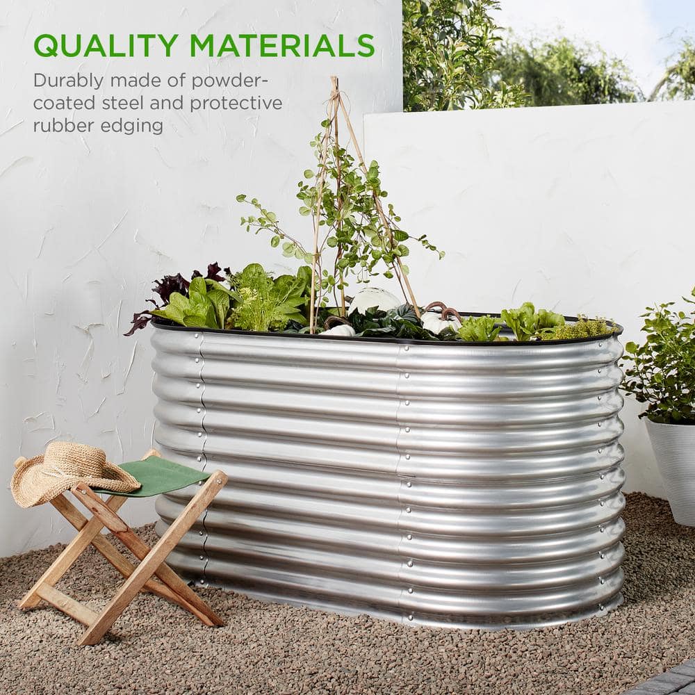 63in Silver Powder-Coated Steel Oval Raised Garden Bed