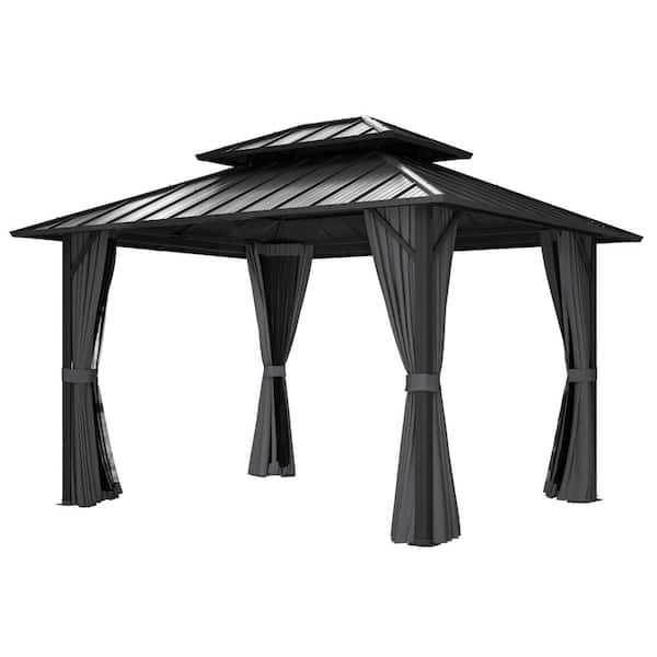 EGEIROSLIFE 10 ft. x 12 ft. Gray Double Roof Hardtop Patio Gazebo with Netting and Curtains