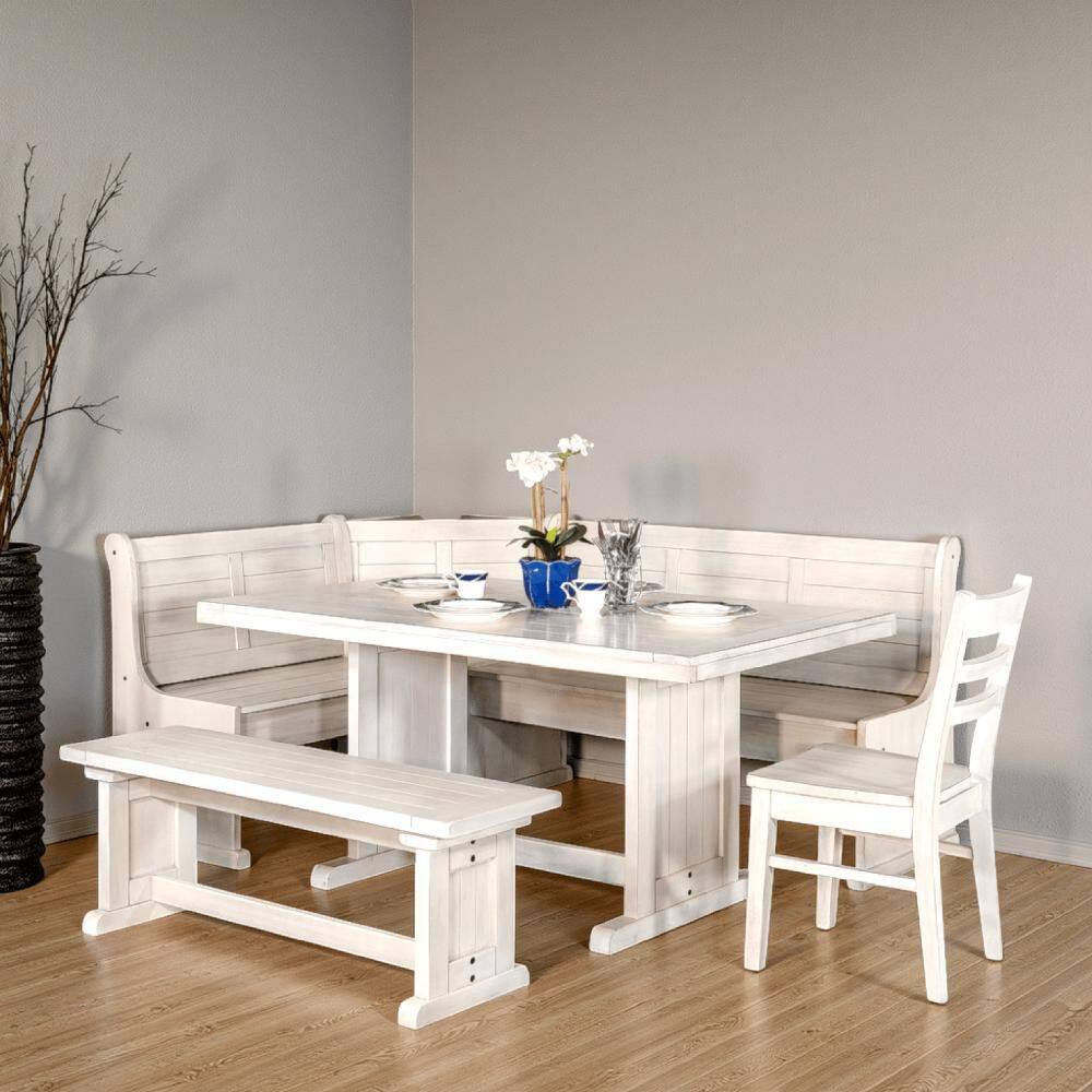 Benjara Sime 4-Piece Rectangle White Wood Top Trestle Dining Table Set ...