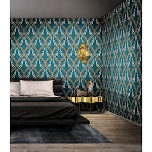 Dis Rumba Blue Scroll Damask Vinyl Non-Pasted Matte Repositionable Wallpaper