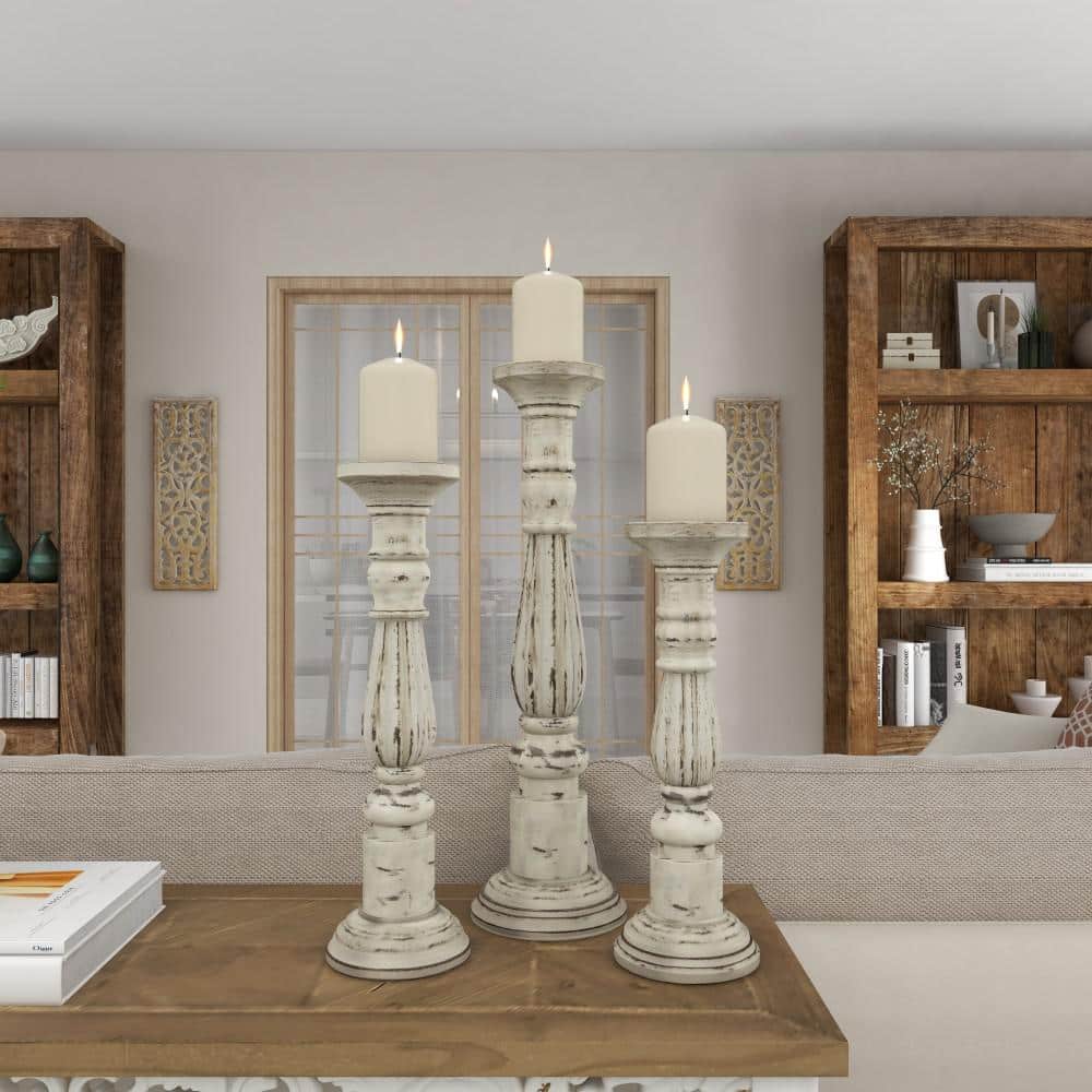 Distressed White Mango Wood Candle Holder Set, 21" 17" 15"