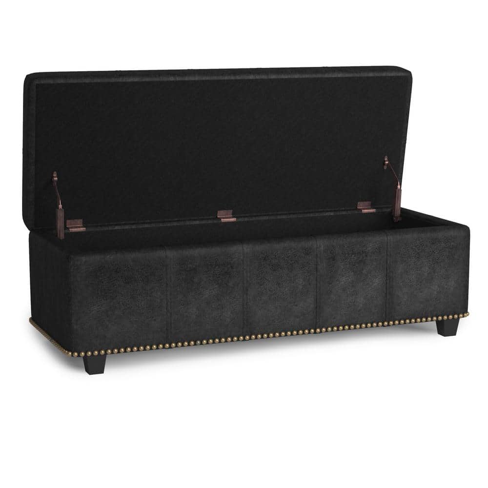 Transitional Distressed Black Tufted Large Storage Footstool
