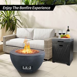 25 in. W x 13.4 in. H Outdoor Round Concrete Metal Propane Gas Fire Pit Table in Charcoal with Tank Cover Storage Box