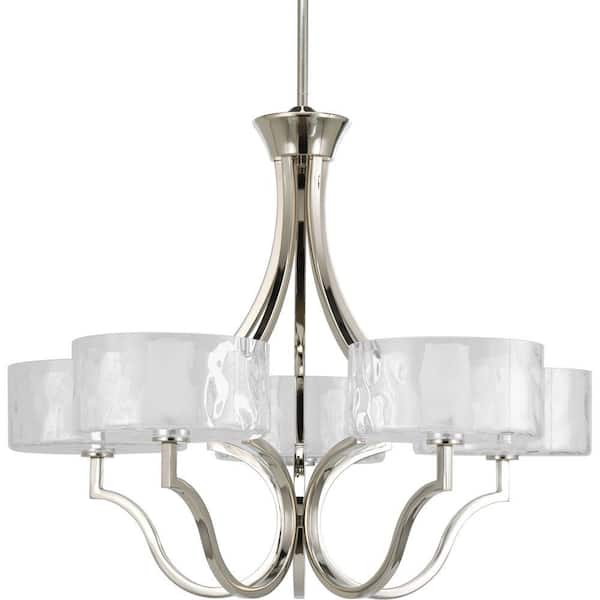 Progress Lighting Caress Collection 5-Light Polished Nickel Clear Water Glass Luxe Chandelier Light