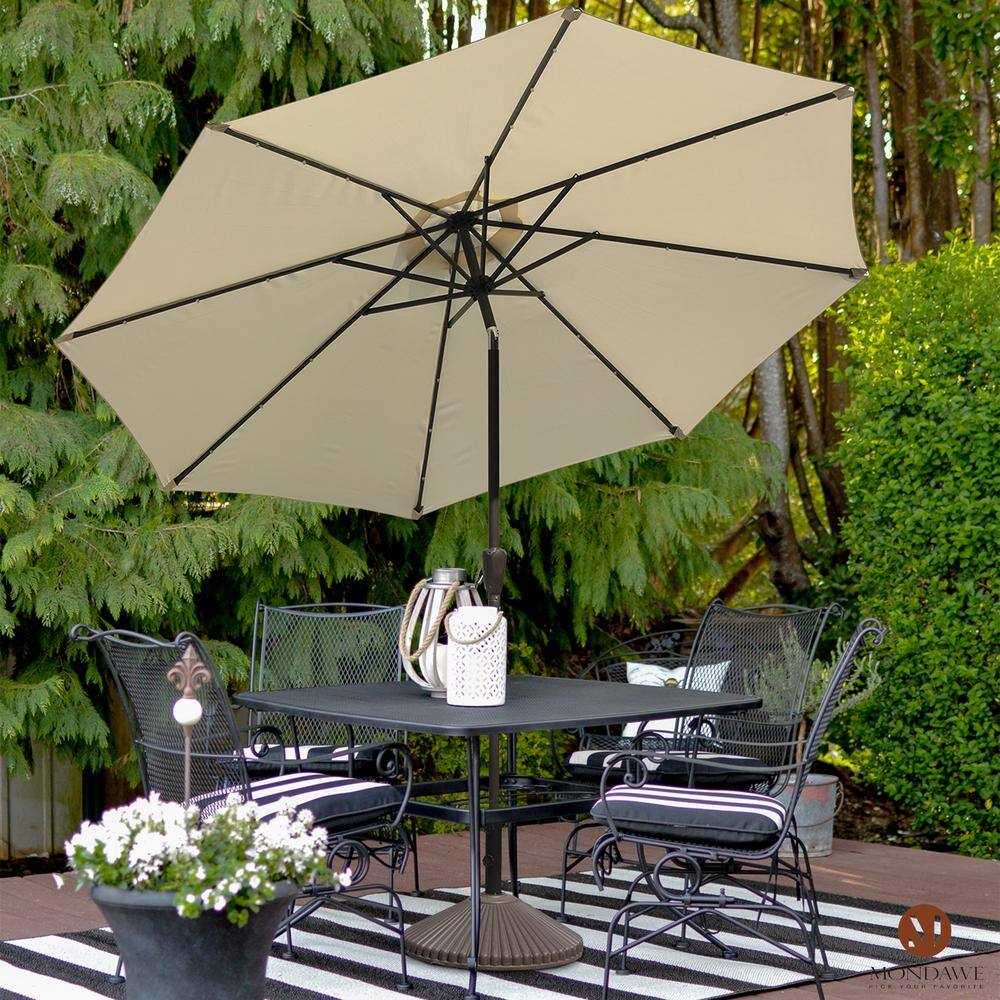 10 ft Beige Aluminum Market Patio Umbrella with LED Lights