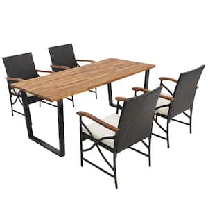 5 Piece Wicker Outdoor Dining Set Patio Acacia Wood Table 6 Wicker Chairs with Umbrella Hole and White Cushions