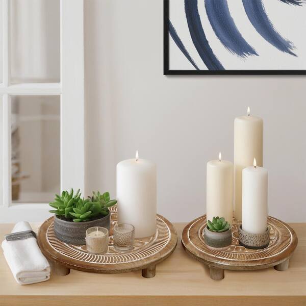 PARISLOFT Natural Wood Set of 2-Round Wood Risers with Carved Pattern ...
