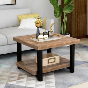 26 in. Square Brown Rustic Natural Coffee Table with Storage Shelf for Living Room