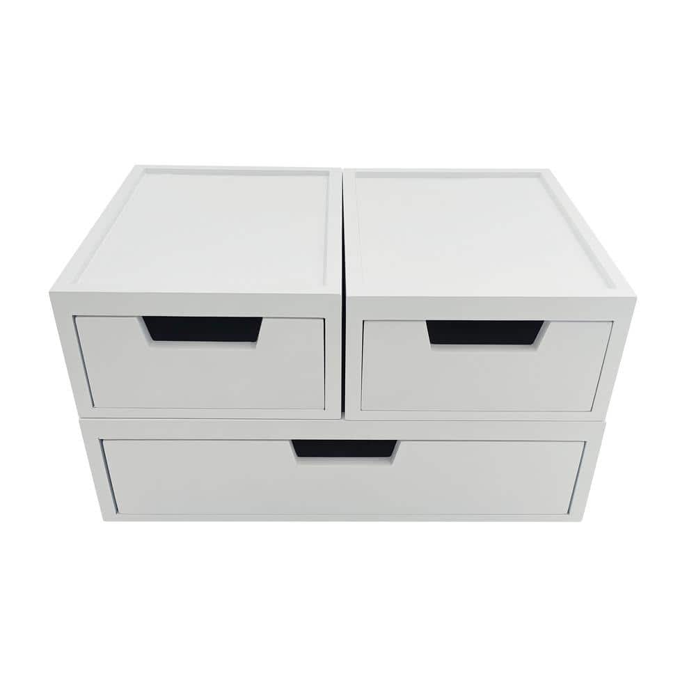 White Stackable Wooden Storage Boxes with Pullout Drawers, Set of 3