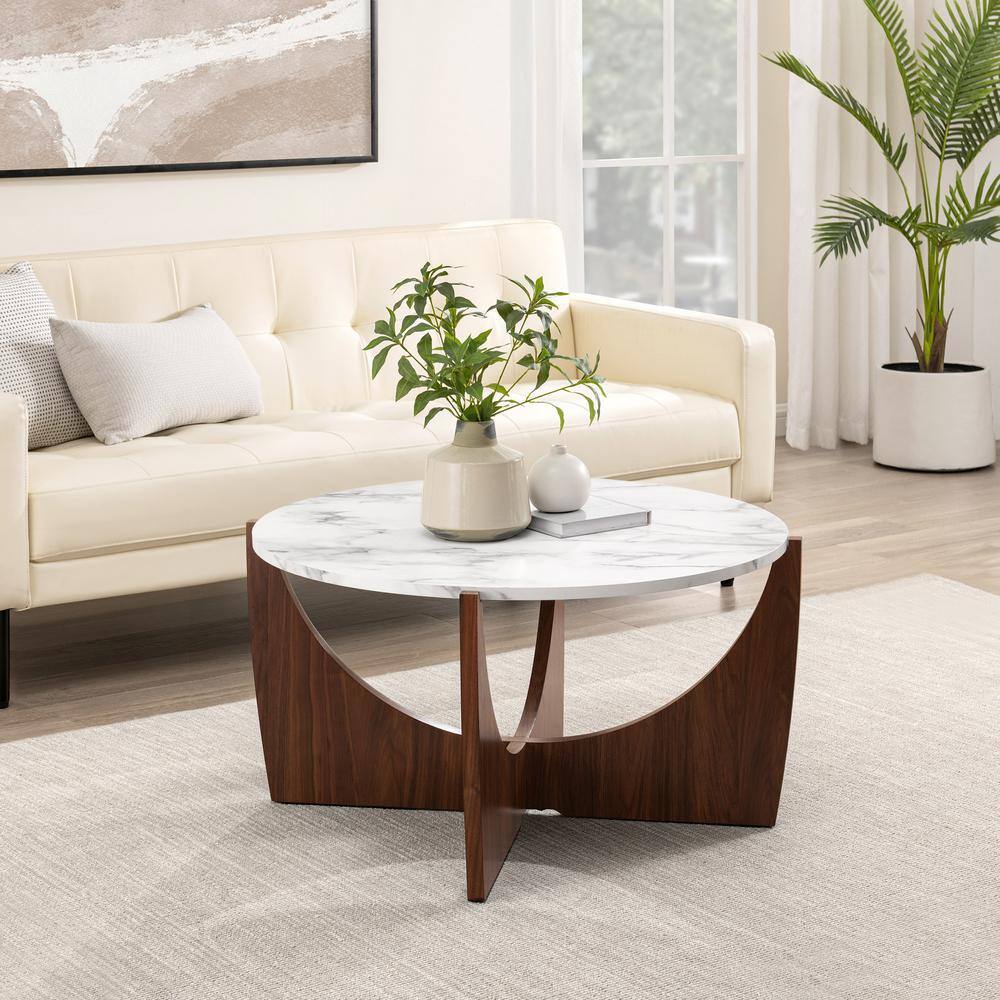 Calacatta Marble and Dark Walnut Round 35" Coffee Table