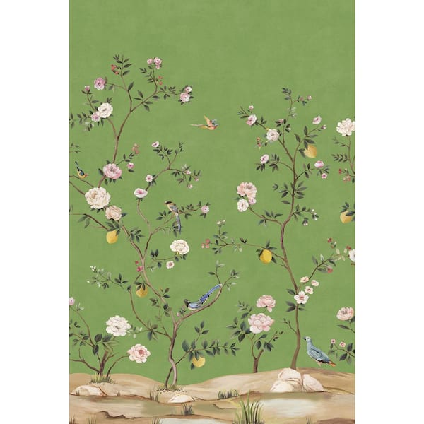 67.5 sq. ft. Green Blossom Chinoiserie Vinyl Peel and Stick Wall Mural (81 in. W x 120 in. H)
