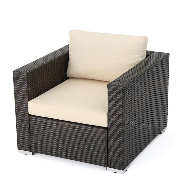 Noble House Rosen Multi-brown Wicker Outdoor Patio Lounge Chair with Beige Cushions