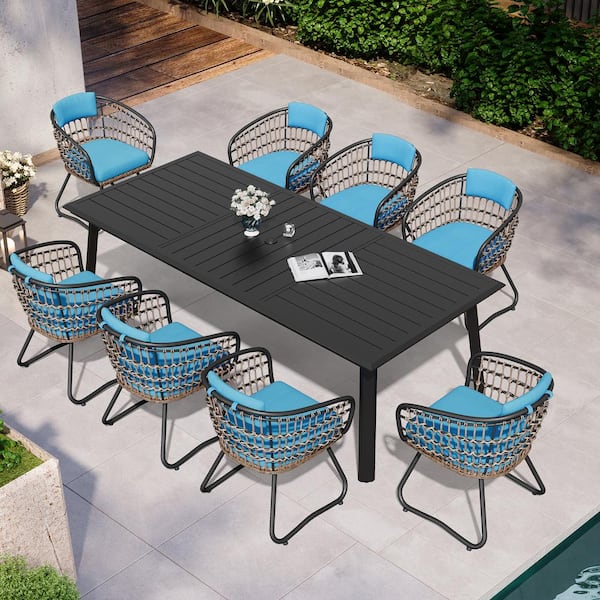 Pellebant 9-Piece Aluminum Outdoor Dining Set with Umbrella Hole, 94 in. Extendable Table and Blue Cushion Steel Rattan Chairs
