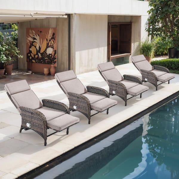 PlainCurve 4-Piece Brown Wicker Outdoor Patio Adjustable Recliner Chair with Beige Cushions