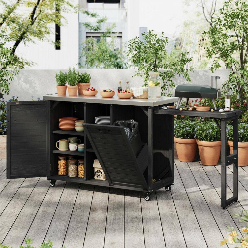 Farmhouse Black Steel 78.26 in. Kitchen Island Outdoor Bar Cart with Trash Can Storage and Foldable Grill Table price history on PriceWatchPro
