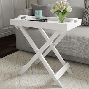 White Wooden Folding End Table with Removable Tray