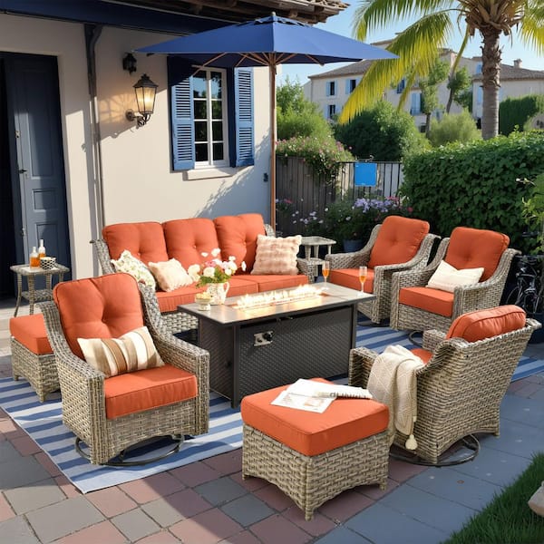 HOOOWOOO Cherry 10-Piece Wicker Outdoor Furniture Patio Fire Pit Conversation Sofa Set with Swivel Chairs and Red Cushions