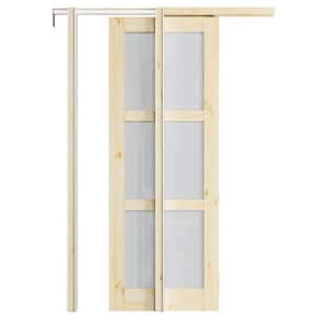 28 in. x 80 in. 1/2-Lite Frosted Glass Unfinished Solid Core Pine Wood Pocket Sliding Door with Hardware and Soft Close